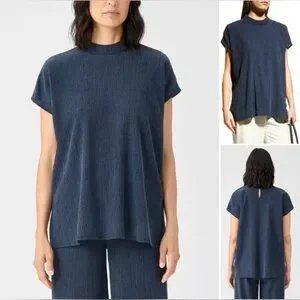 Eileen Fisher Woven Plisse Mock Neck Top Deep Adriatic Boxy Square Classic  Easy - Main Image